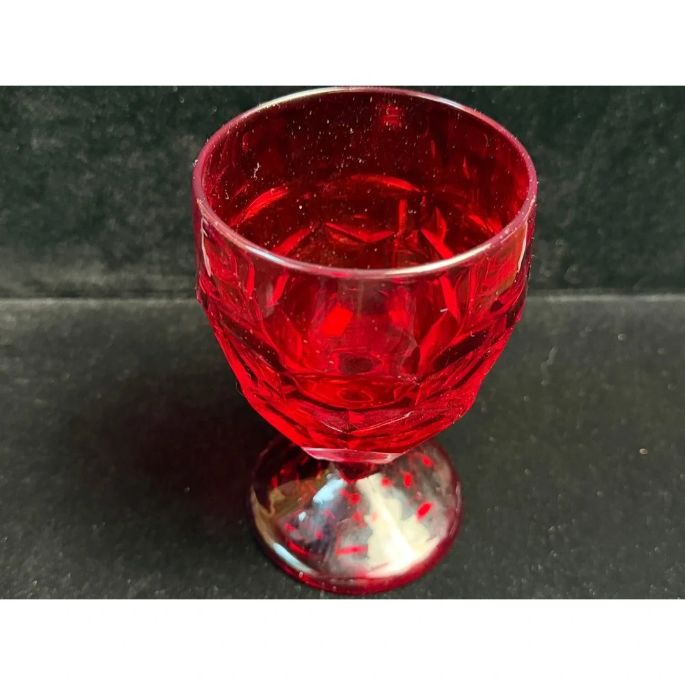 Vintage Ruby Red Glass Goblet‎ Thumbprint Pattern Stemware Wine Water Glass